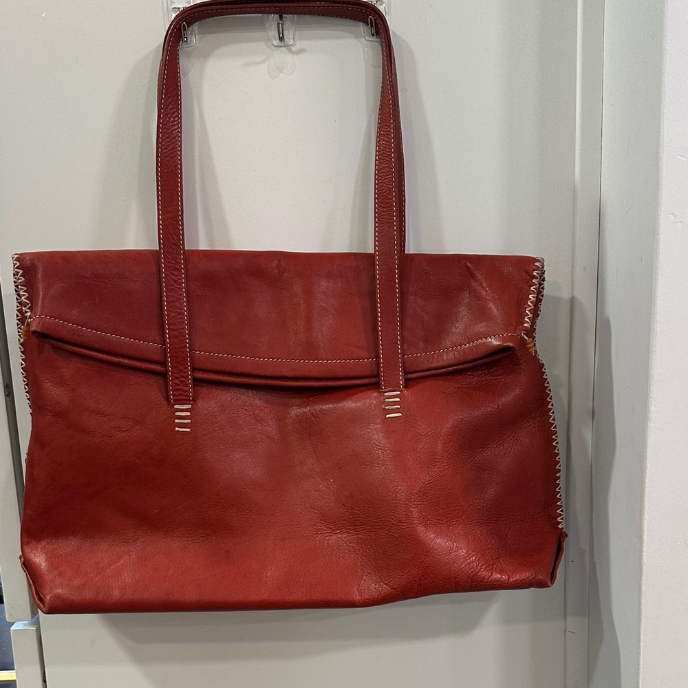 Sundance Red Leather Tote Bag with Top Handles